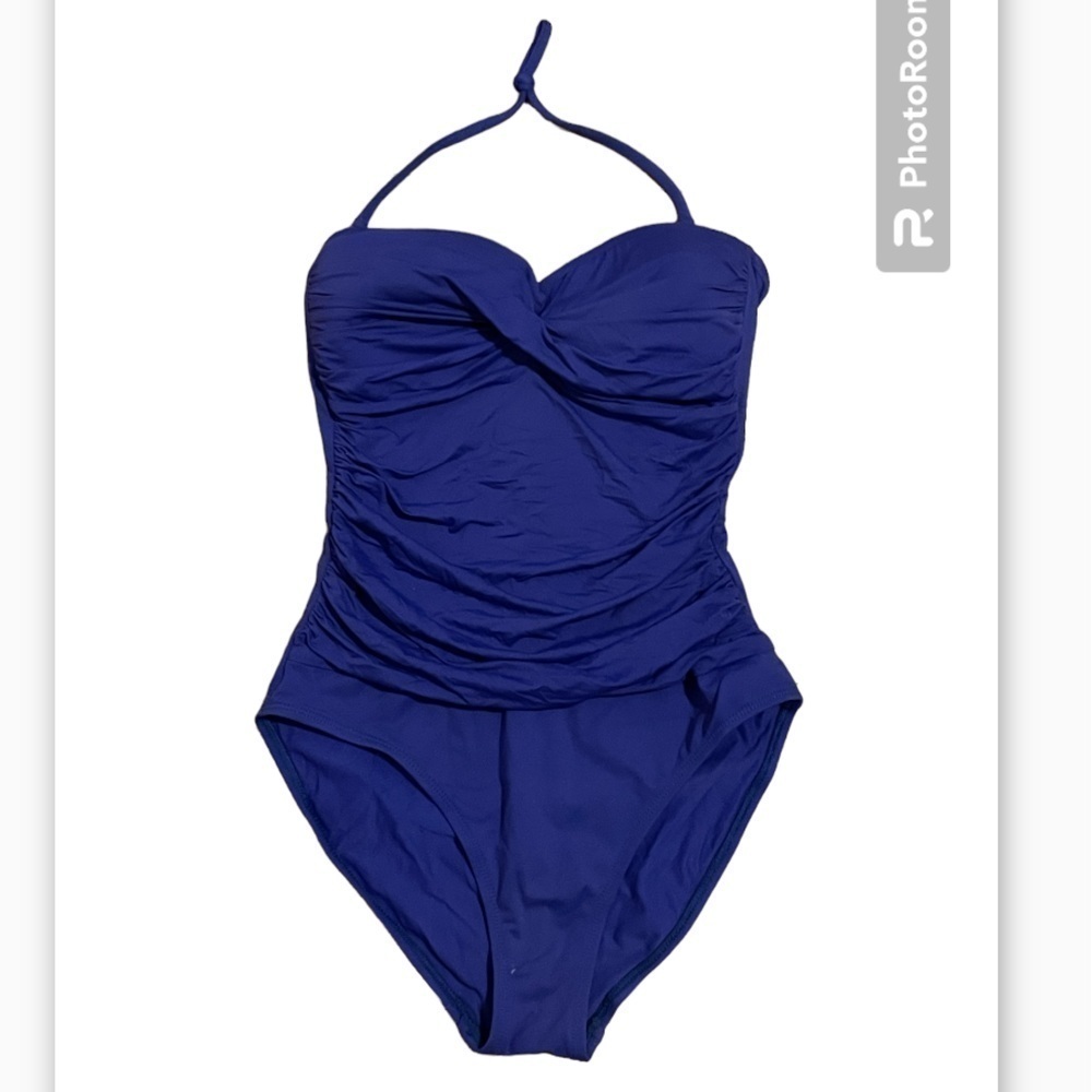 ANA Blue Cinched Waist Neck Tie One Piece Swimsuit Size 10